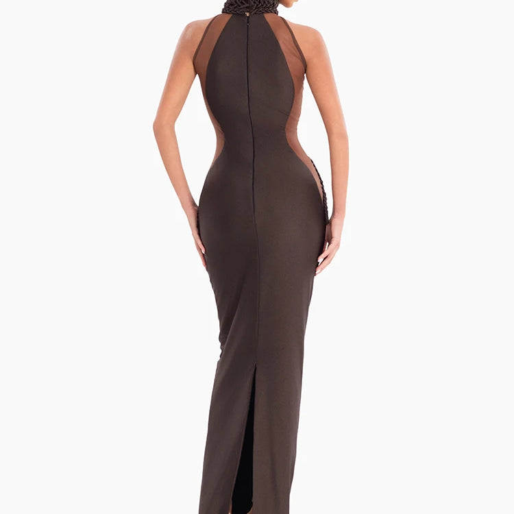 Chic Brown Sheer Side Mesh-Paneled Sleeveless Maxi Dress with Braided Details for Party Evening Gown