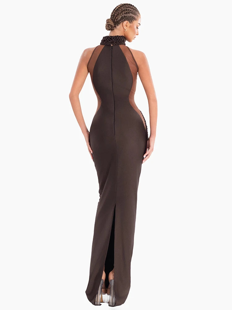 Chic Brown Sheer Side Mesh-Paneled Sleeveless Maxi Dress with Braided Details for Party Evening Gown