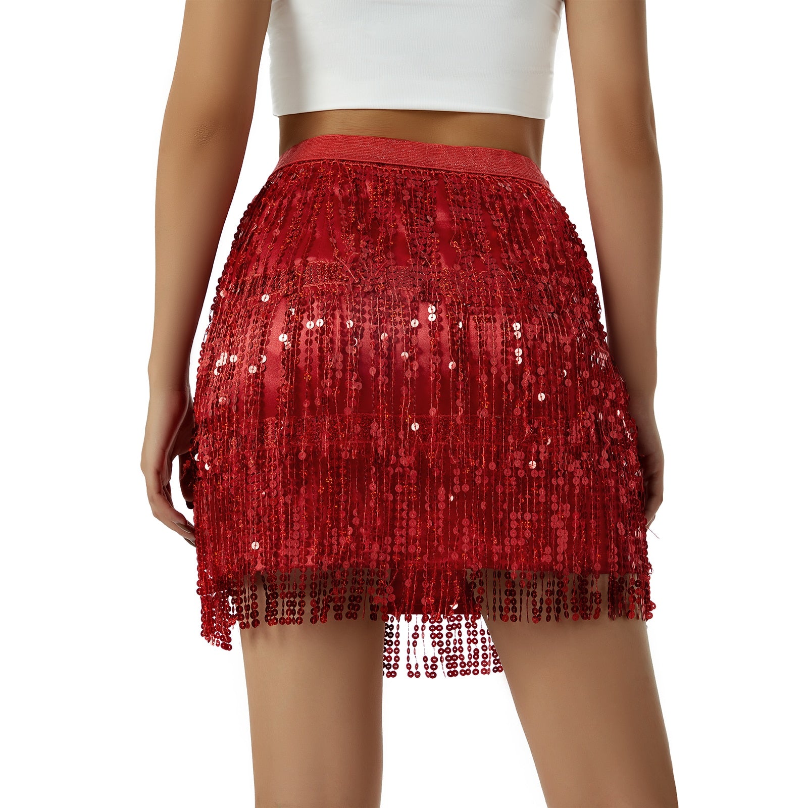 Women Sequined Fringe Skirt Glitters Elastic Waist Miniskirt Mini Skirt for Dance Rave Party Black/Silver/Gold/Red
