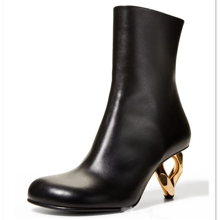 Spring and Autumn Women's New Metal Shaped High Heels Fashion Pointed Short Boots Sexy Model Show Large Women's Boots w105-black