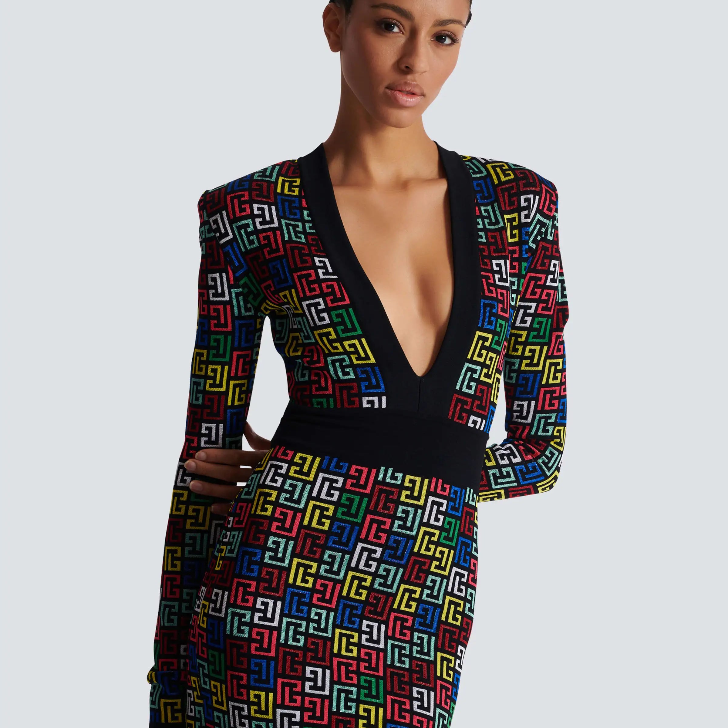 2024 Women Long Sleeve Deep V-Neck Bodycon Mini Jacquard Bandage Dress Elegant Evening Party Cocktail Outfit