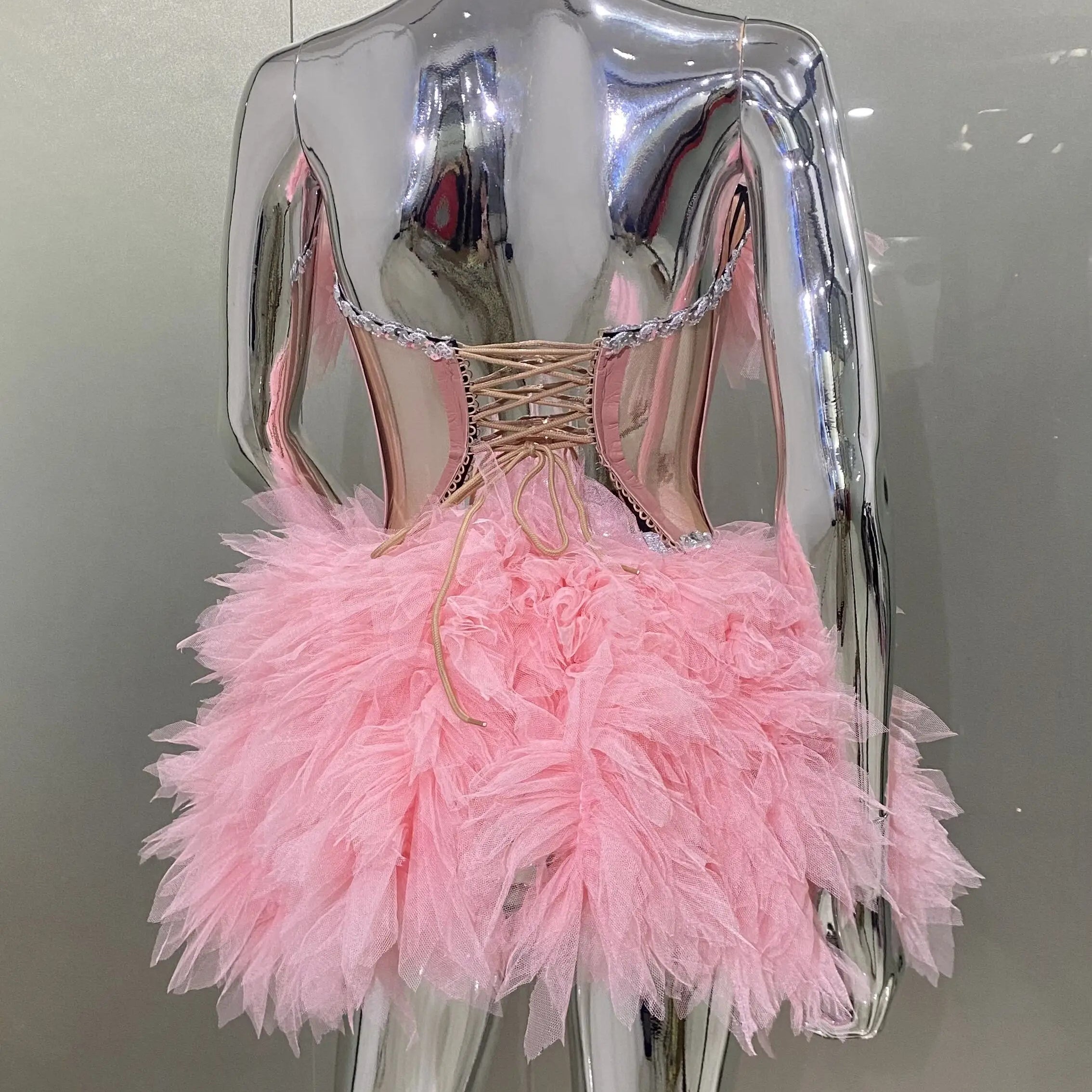 Pink Sweet Woman Set Sparkling Crystal Strapless Top And Mini Puffy Skirt 2 Pieces Birthday Party Vestido Performance Costume