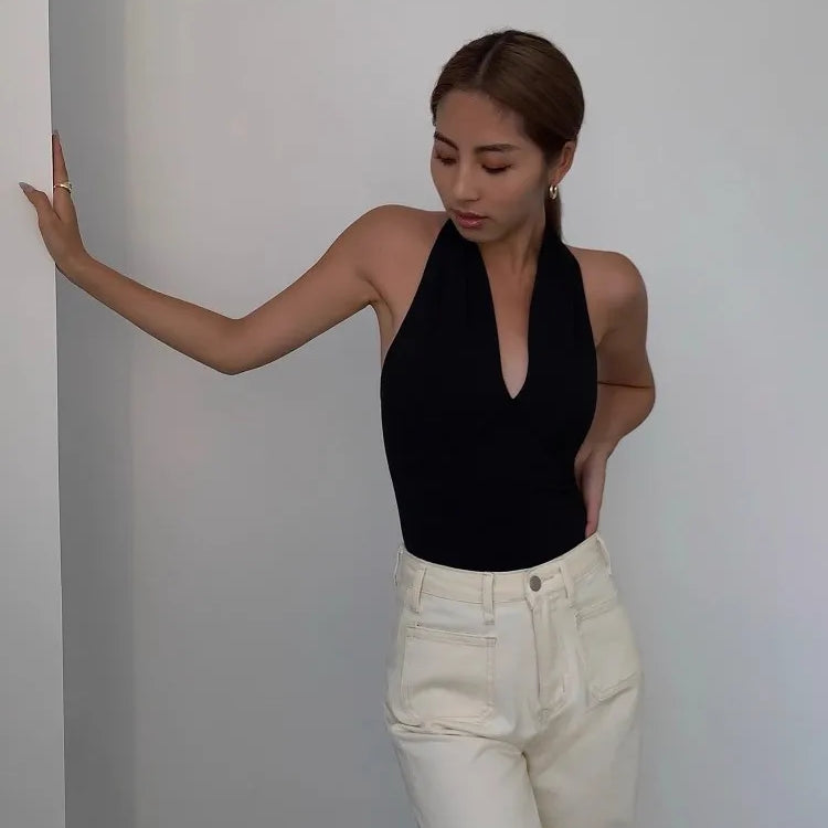 Black Spicy Girl Deep V-Neck Top For Women'S Summer Design With Hanging Neck And Strap, Open Back Sleeveless Top