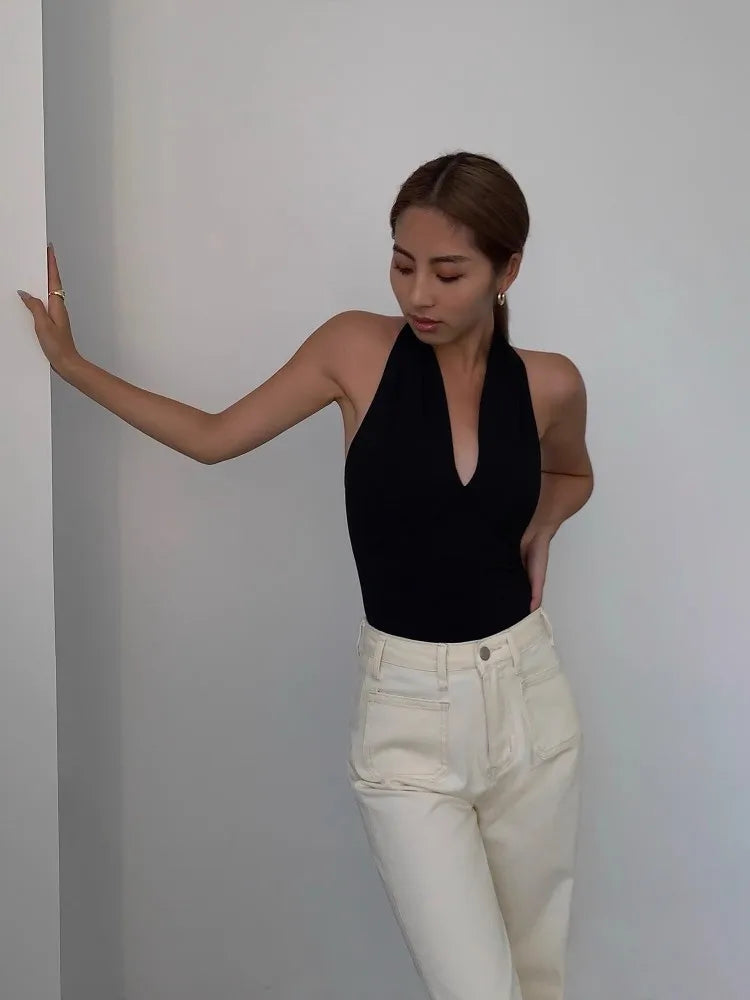 Black Spicy Girl Deep V-Neck Top For Women'S Summer Design With Hanging Neck And Strap, Open Back Sleeveless Top