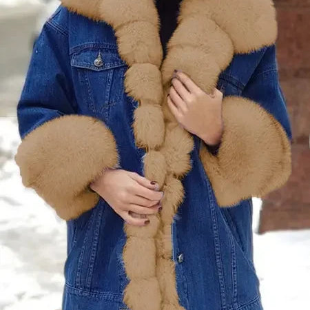 Lazada Best Selling Women's Long Sleeve Faux Fur Leather Denim Jacket Wish Top Brand Chinese Origin Mixed Fur Coat Khaki
