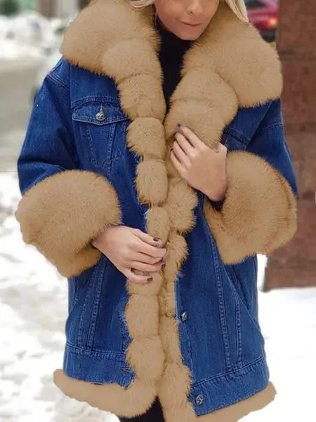 Lazada Best Selling Women's Long Sleeve Faux Fur Leather Denim Jacket Wish Top Brand Chinese Origin Mixed Fur Coat Khaki