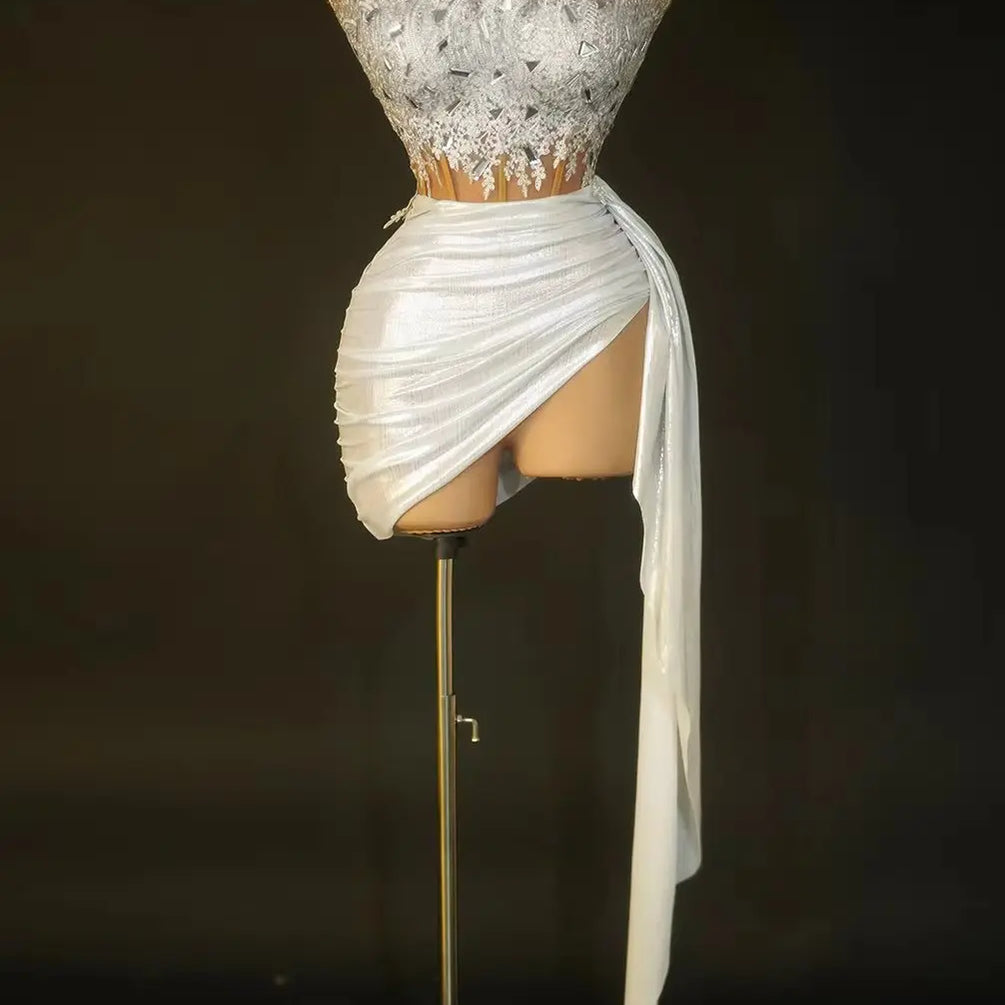 Christmas Style Women Sexy 2 Pieces Beading Draped Bodycon Mini Dress Nightclub Party Celebrate Bar Singer Performance Costume WHITE