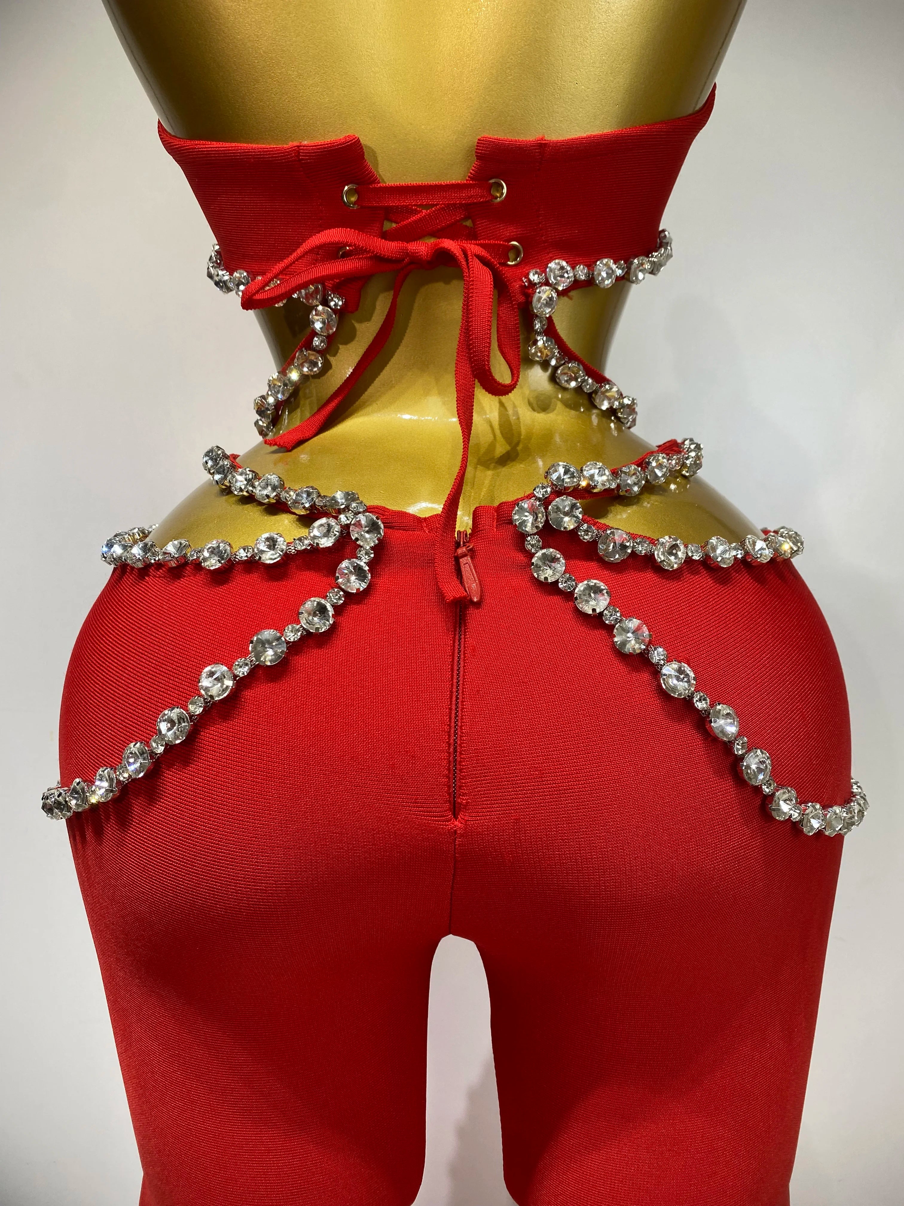 Women Luxury Rhinestone Red Sexy Cut Out Two Piece Pants Bandage Set 2025 Celebrity Designer Fashion Women's Set Stage Outfit