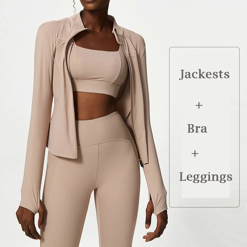 Plus Size Tracksuits Women's Yoga Set Sports Gym Jackets + Bra + Leggings Clothes for Women Sport Outfit Fitness Suit Light Brown 3pcs