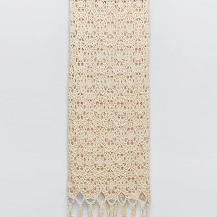 Sweet Hollow Out Women's Knit Tassel Skirt Suit Slim O Neck Long Sleeved Top High Waist Skirts Set 2024 Autumn Lady Chic Outfit Skirt