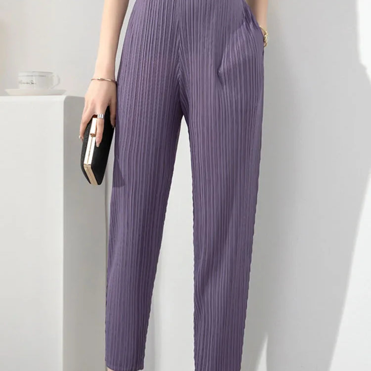 LANMREM Pleated Solid Color Harem Pants Women Pocket Elastic High Waist Female Fashion Ankle-length Trousers Summer 2I576