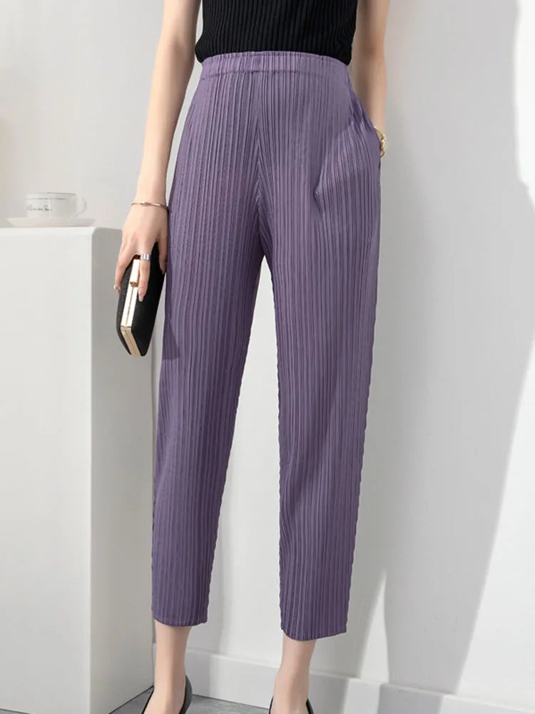LANMREM Pleated Solid Color Harem Pants Women Pocket Elastic High Waist Female Fashion Ankle-length Trousers Summer 2I576