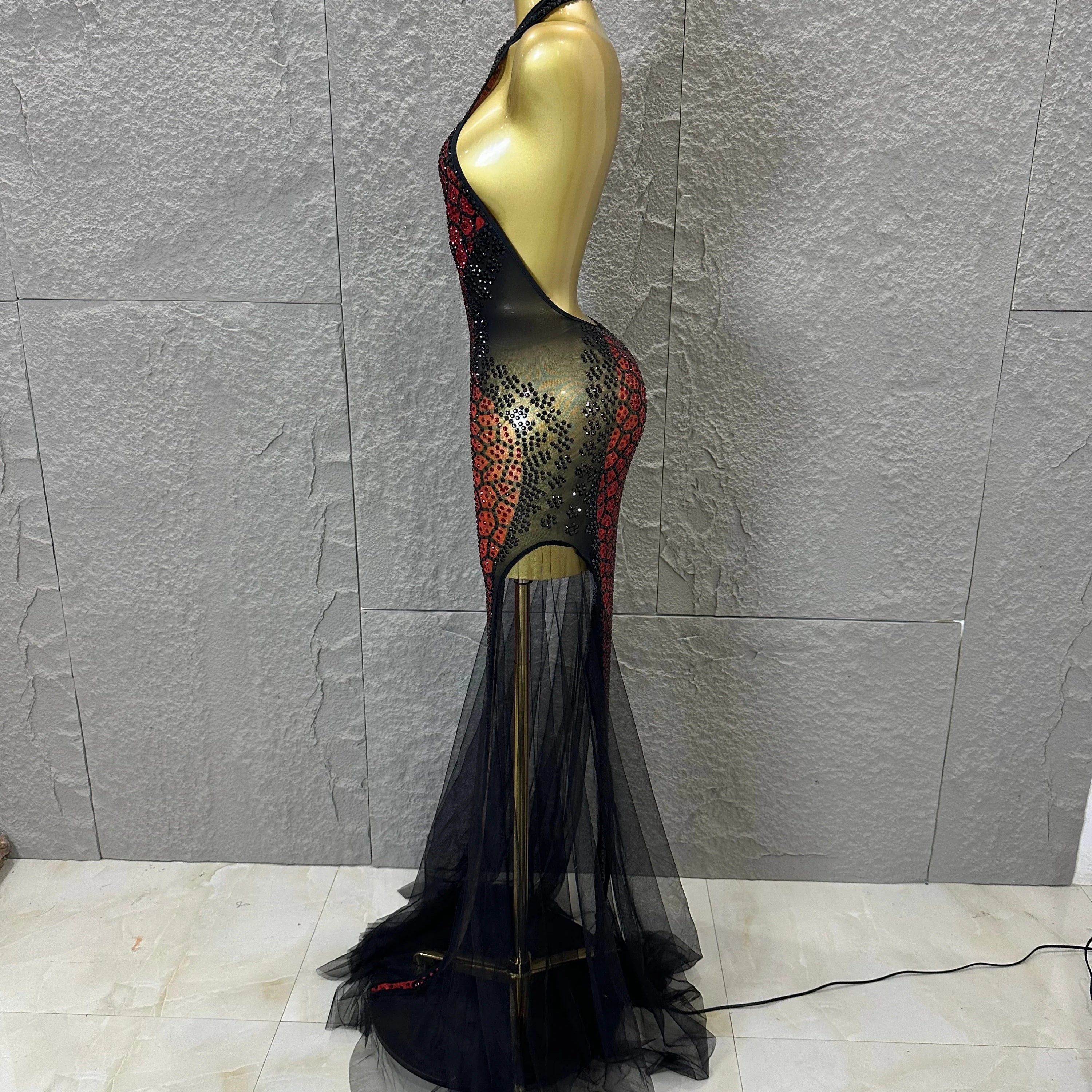 Luxurious Rhinestone Opulent Maxi Dress Women Halter Neck Sheer Mesh Black Red Crystal Embellished Stage Gown