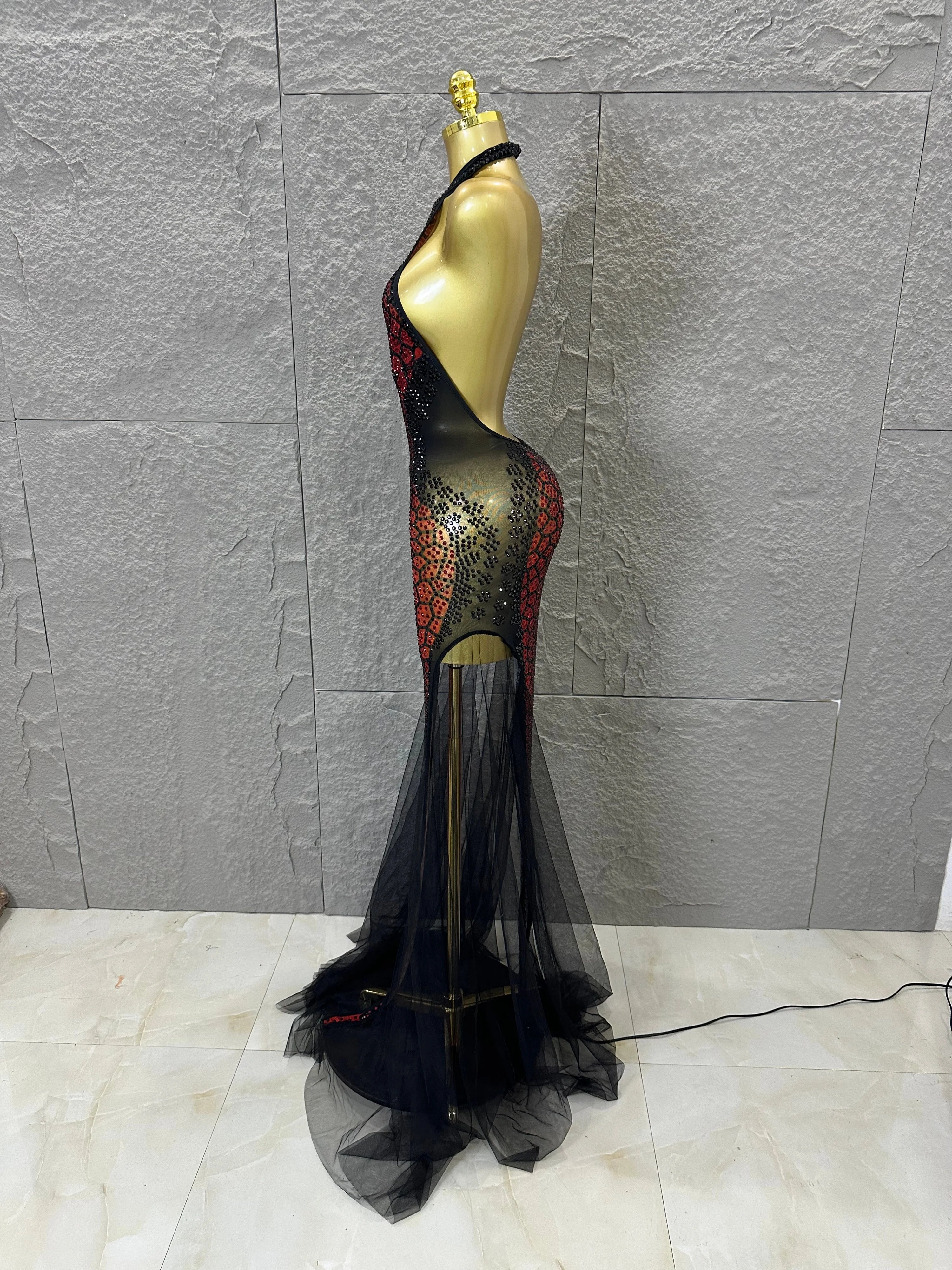 Luxurious Rhinestone Opulent Maxi Dress Women Halter Neck Sheer Mesh Black Red Crystal Embellished Stage Gown