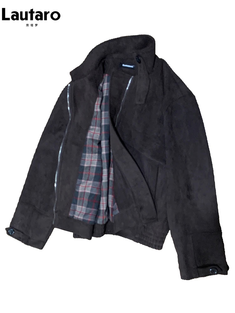 Lautaro Autumn Short Windproof Soft Brown Faux Suede Leather Jacket Men with Plaid Lining Inside Elegant Luxury Designer Clothes