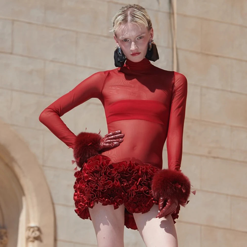 2024 New Sexy Mesh See through Stereoscopic Flowers Red Mini Evening Dress Sweet Woman Birthday Party Dress Performance costume