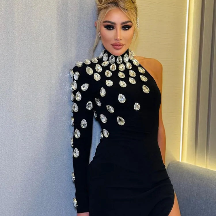 Women Celebrity Sexy Single Sleeve Rhinestone Black Maxi Long Bodycon Bandage Dress Elegant Evening Club Party Dress