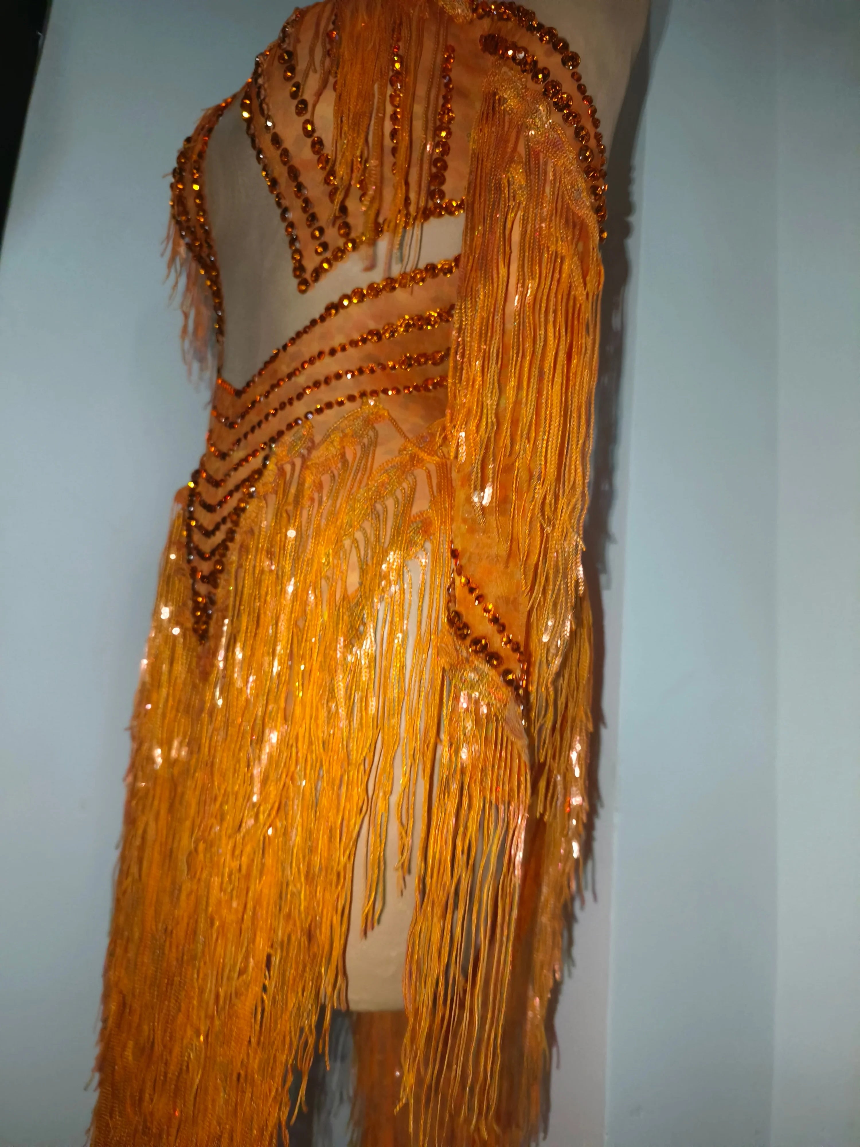 Sparkly Orange Rhinestone Fringe High Neck Dress Women Sheer Mesh Embellished Latin Dance Performance Costume