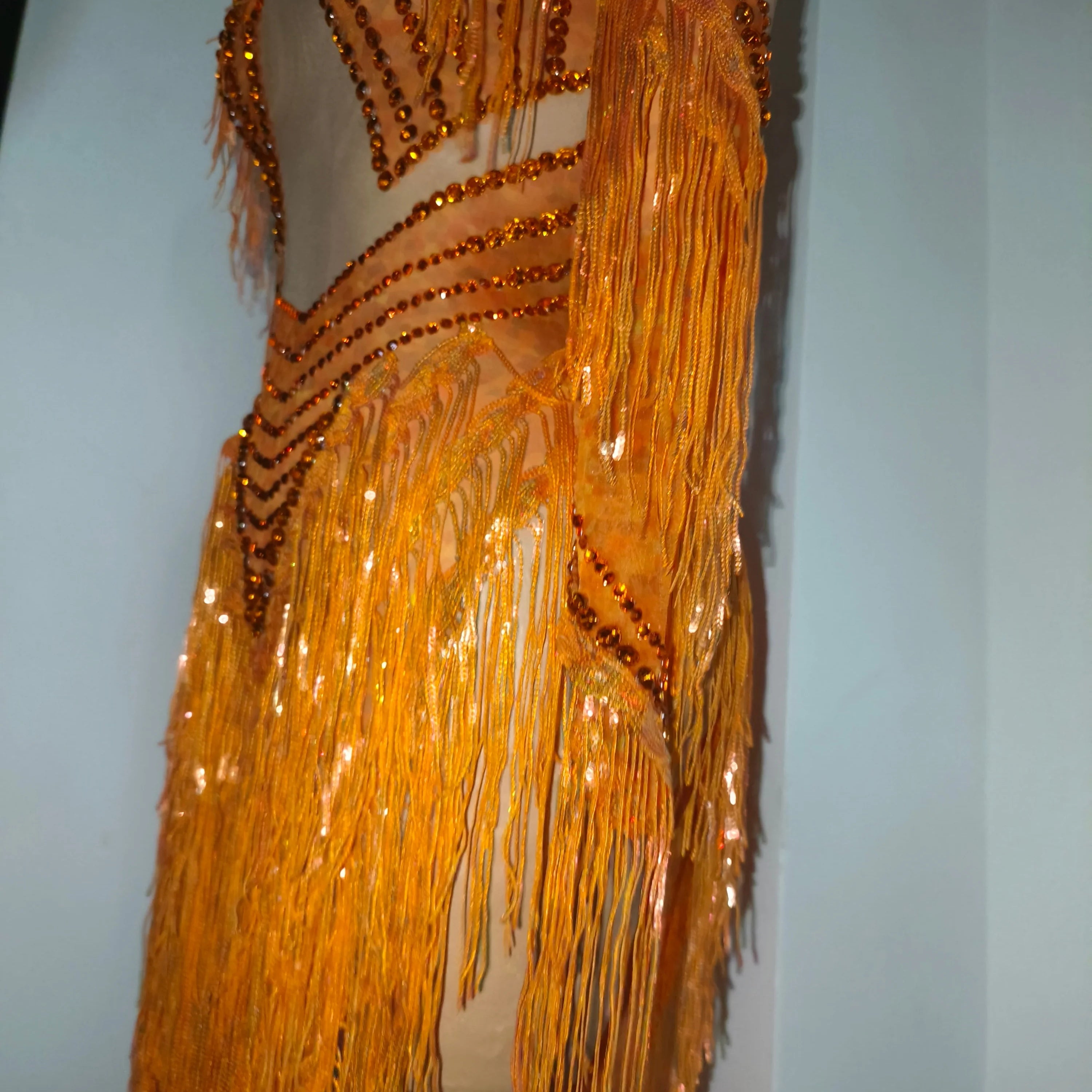 Sparkly Orange High Neck Dress Women Sheer Mesh Rhinestone Fringe Embellished Latin Dance Performance Costume