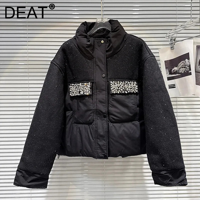 Winter New Fashion Patchwork Shiny Fabric Beaded Pocket Warm Jacket For Women Versatile Cotton-padded Coat 11A07930