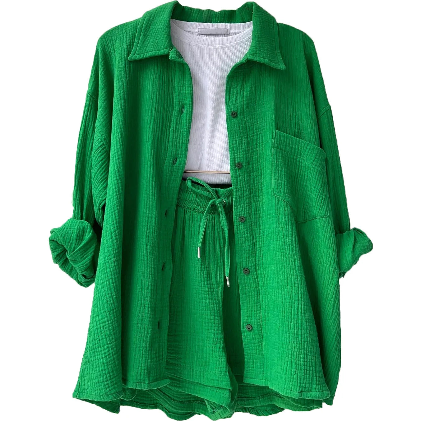 2 Piece Casual Sleepwear Cotton Pajamas for Women Turn-Down Collar Sleep Tops Suits with Shorts Gauze Cardigan Homewear Summer green