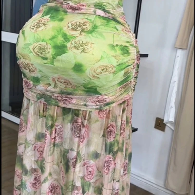 Women Sleeveless Floral Print Strap Stacked Ruched High Split Tunic Maxi Long Dress 2025 Birthday Vacation Beach Dresses