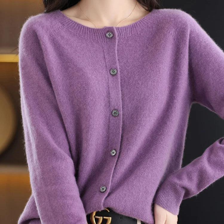 Aliselect Autumn Winter Women 100% Merino Wool Sweater O-Neck Tops Long Sleeve Basic Cashmere Knitwear Cardigan Clothing Coat Violet
