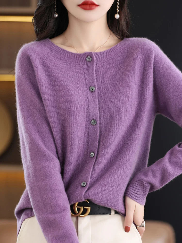 Aliselect Autumn Winter Women 100% Merino Wool Sweater O-Neck Tops Long Sleeve Basic Cashmere Knitwear Cardigan Clothing Coat Violet