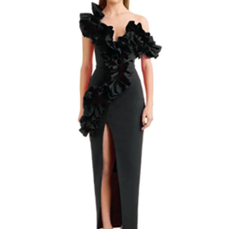 Women Celebrity Sexy Off Shoulder Ruffles Black Red Split Midi Bodycon Bandage Dress 2024 Elegant Evening Club Party Outfit black