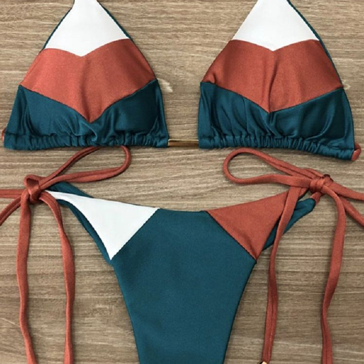 Sexy Halter Swimsuit Thong Micro Bikini Push Up - Brazilian Bikini Tropical Plant Print Swimwear String Mini Swimsuit