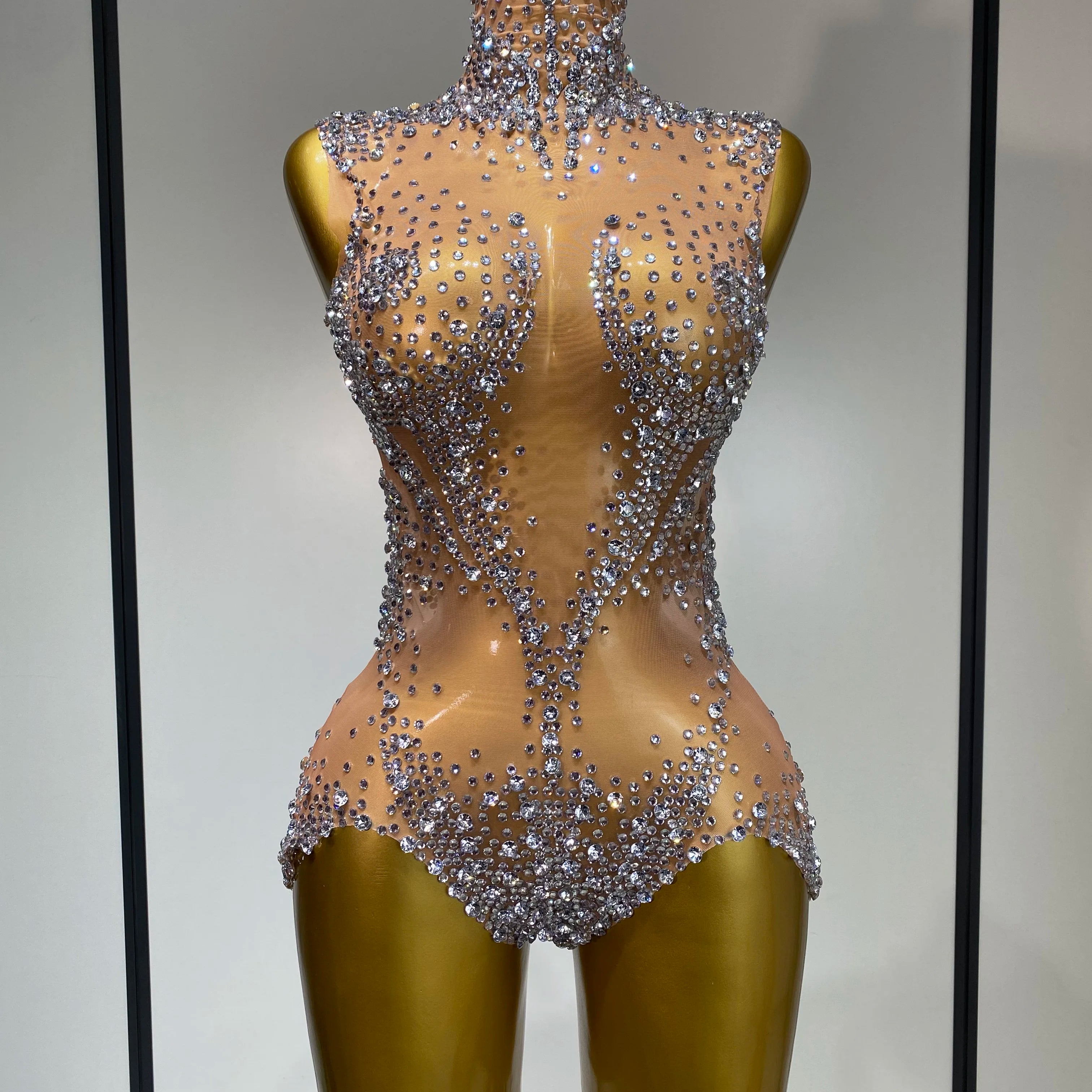 Women Sexy See Through Crystal Bodysuits Luxury Birthday Dancer Stage Performance Wear Mesh Sparkly Rhinestone Nightclub Outfit sliver