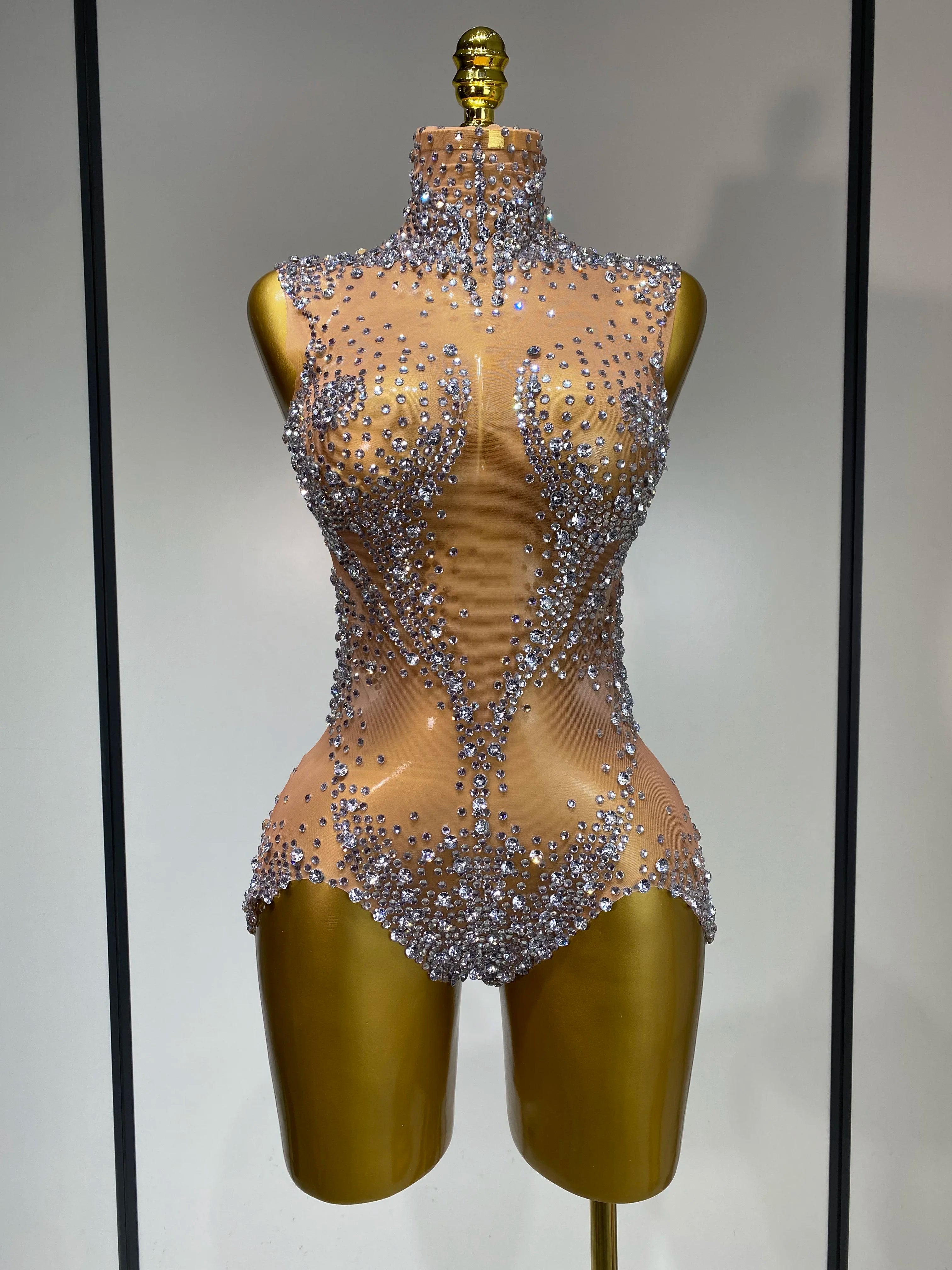 Women Sexy See Through Crystal Bodysuits Luxury Birthday Dancer Stage Performance Wear Mesh Sparkly Rhinestone Nightclub Outfit sliver