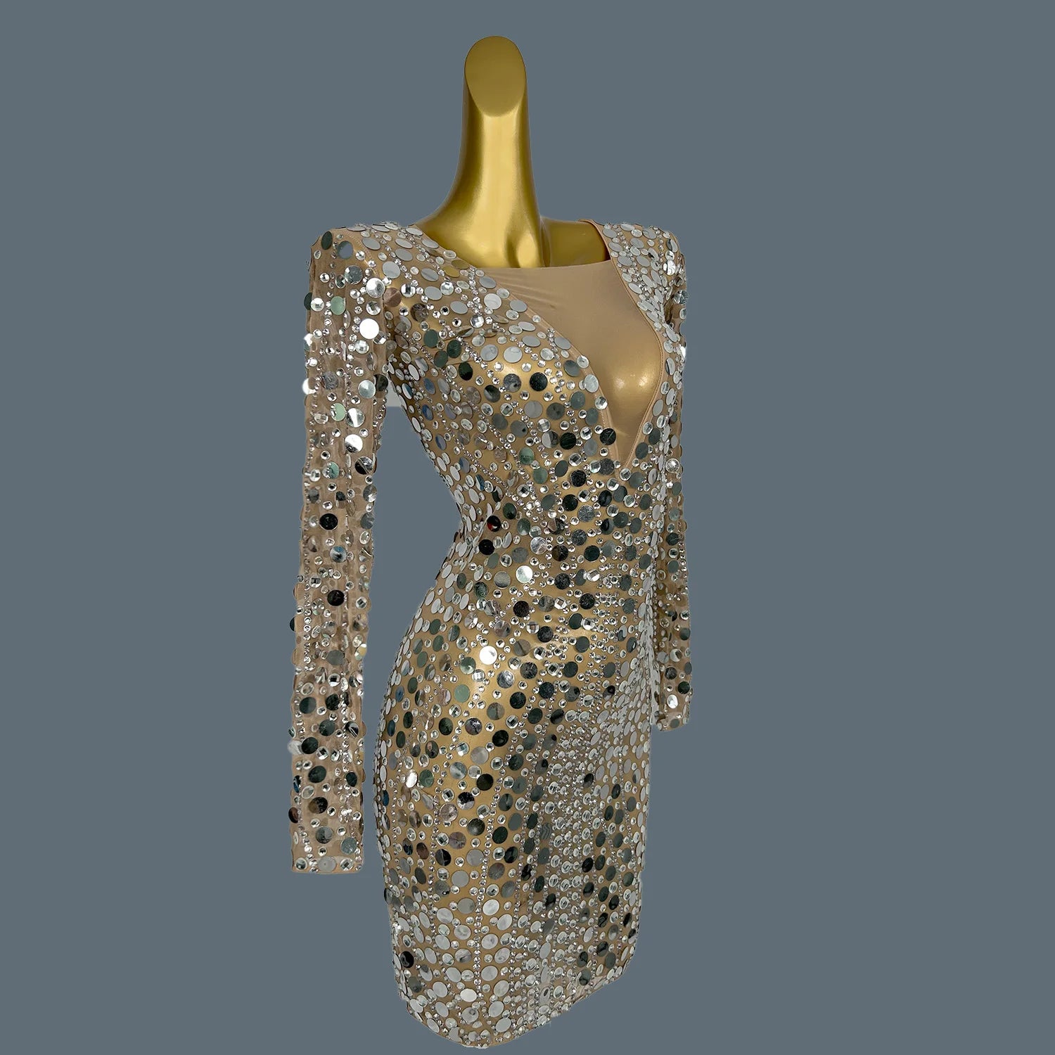 Trendy Sequin Evening Gowm Sexy Mini Dress for Women Sheer Mesh Rhinestone Slimming Party Show Clothing Huadiandian