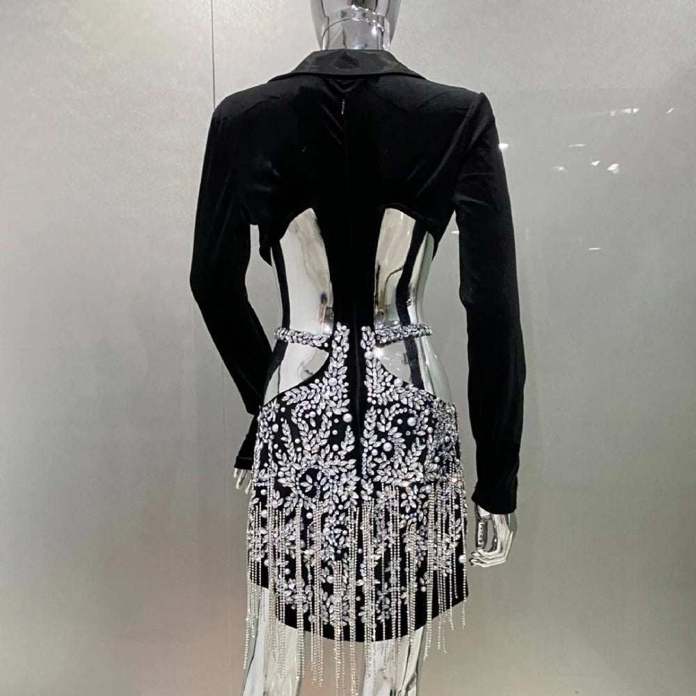 Slimming Hollow Out Spliced Diamond Luxurious Dresses for Women Lapel Long Sleeve Patchwork Tassels Dress Female