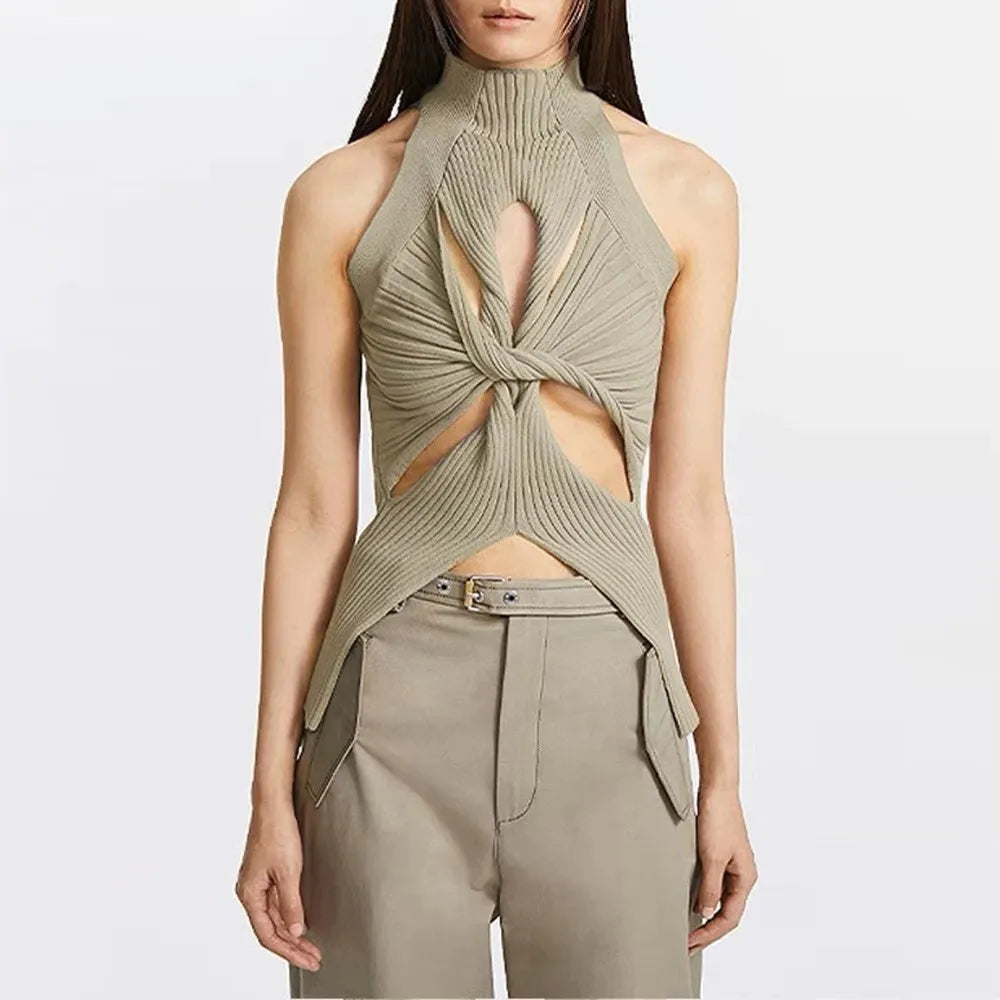 Solid Hollow Out Knitting Tank Tops For Women Turtleneck Sleeveless Off Shoulder Slim Vests Female Fashion Clothing khaki