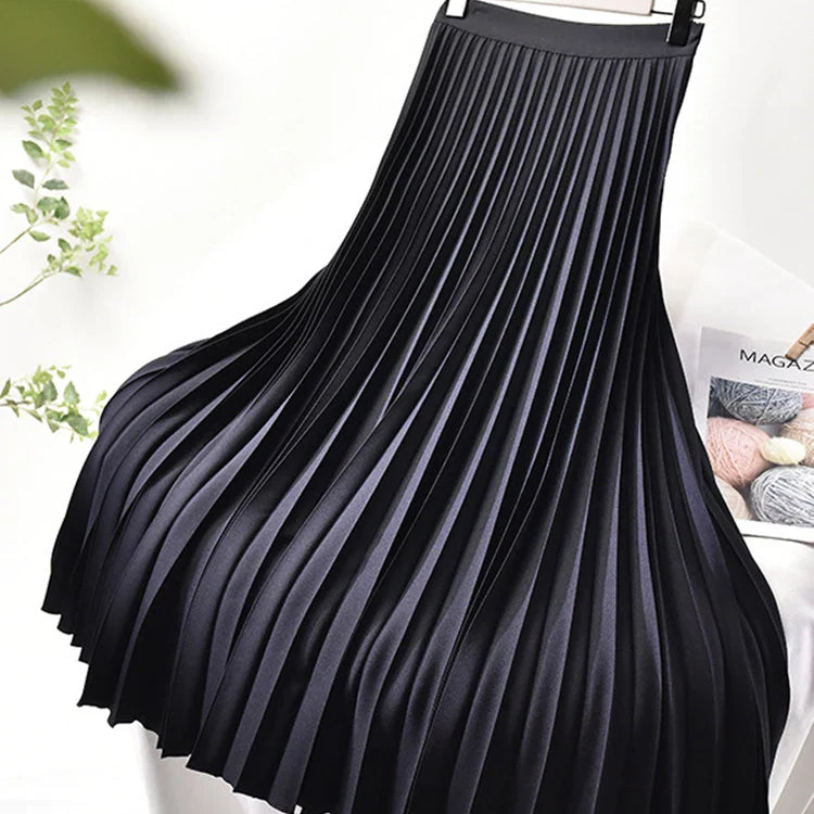 Brand Designer Women Spring Autumn Elegant Chic Solid Pleated Skirt High Waist Luxury Fashion With Elastic Female C-035 Blue