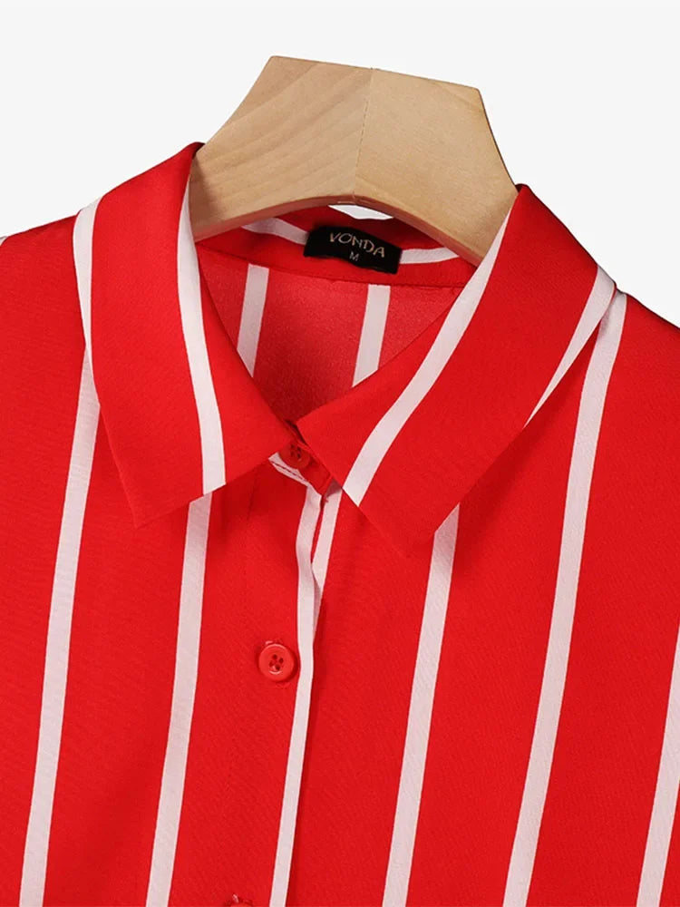 Plus Size 5XL VONDA 2025 Women Pants Sets Matching Sets Vintage Striped Shirt Trouser Casual Two-Piece Sets Office Lady Suits