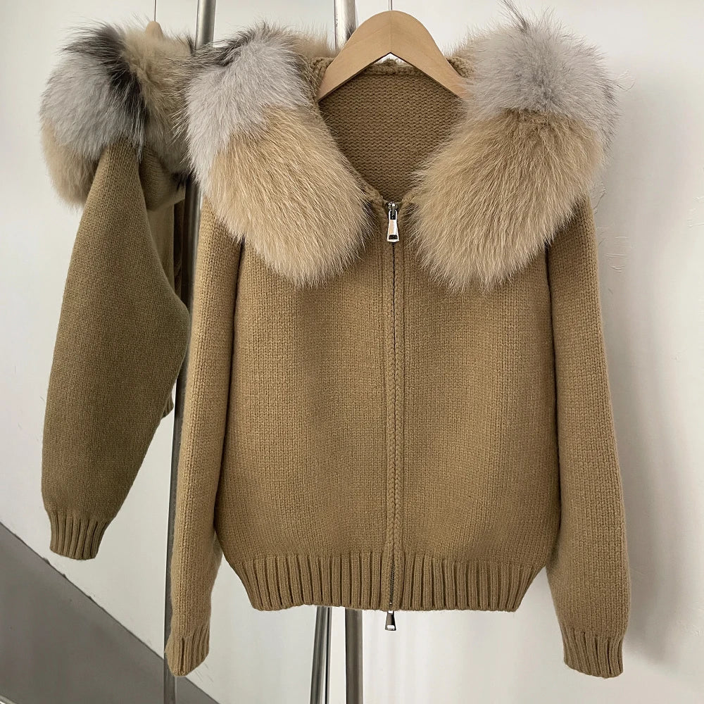 Coat Women Cardigan Natural Fox Fur Coat Women Real Mongolian Fur Knitwear Female Spring Autumn Hooded Knitted Fur Jacket Khaki pin2 fox One Size