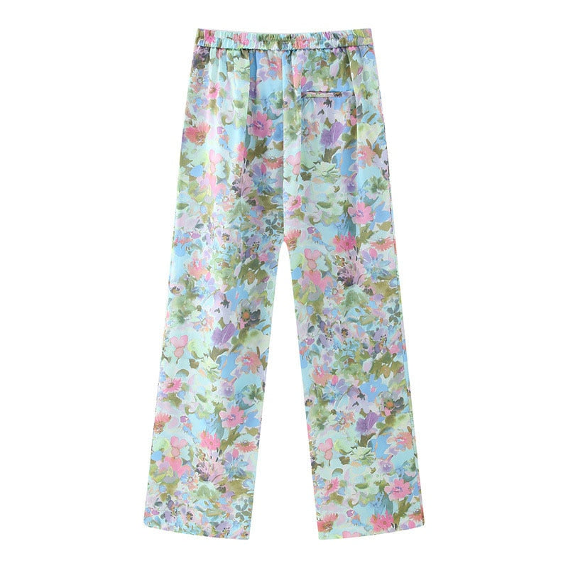 Retro Flower Printed Blazer Suits For Women Spring OL Casual Long Sleeve Jacket Wide-Leg Pants Female Trendy 2 Piece Sets Outfit 02 pants