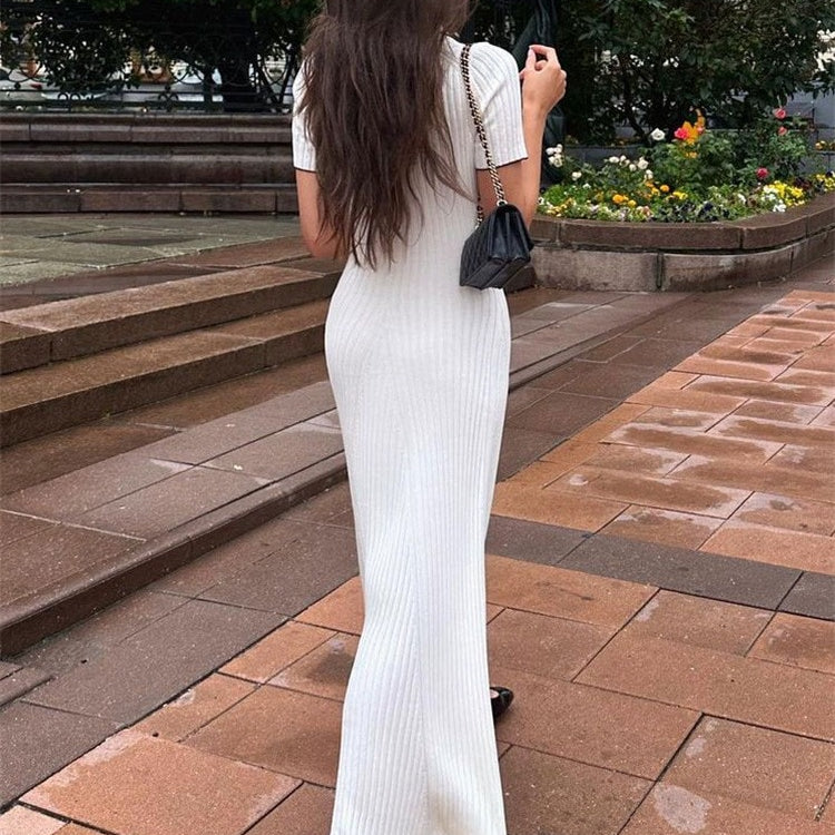 Tossy White Knit Fashion Maxi Dress Women Short Sleeve Patchwork Elegant Party Dress Knitwear Lapel High Street Women's Dress