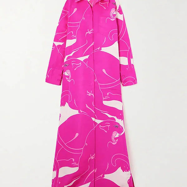 Bohohipei New Female Printed Elegant Lapel Shirt Dresses New Spring Autumn Long Sleeve Single-Breasted Casual Outwears PINK