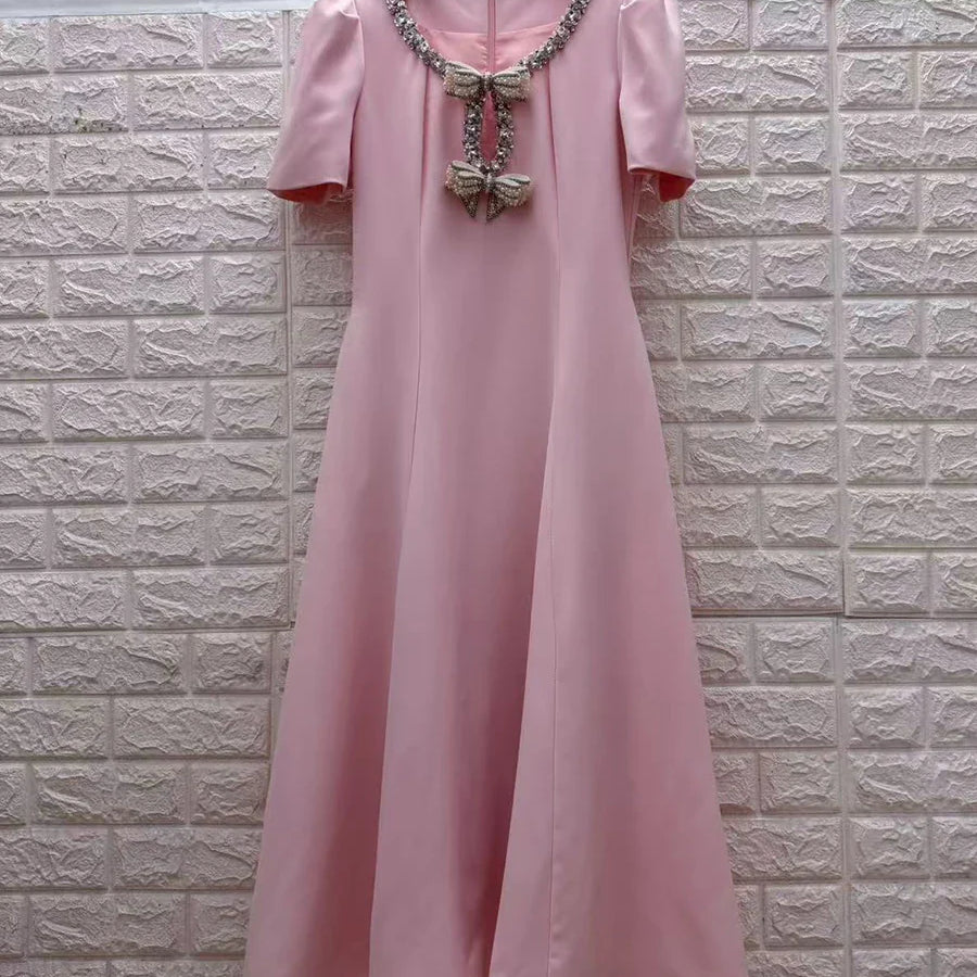 Solid Slimming Spliced Bowknot Elegant Dresses for Women Round Neck Short Sleeves Patchwork Bead Dress Female New PINK