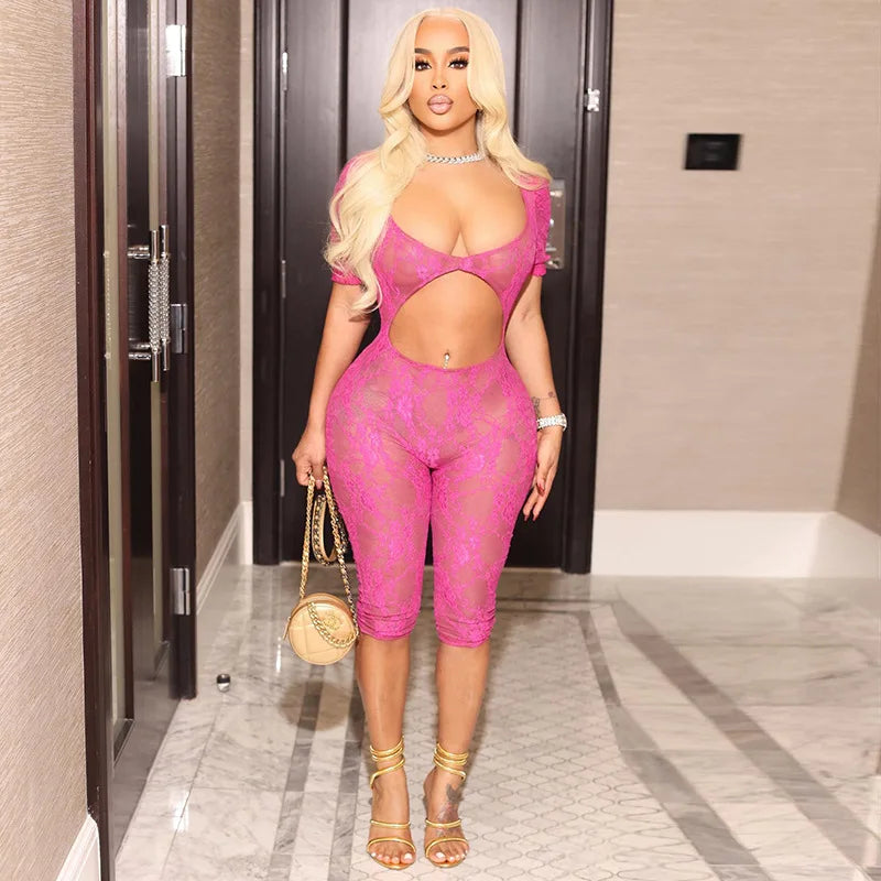 2024 Spring Short Sleeve Backless Women Lace Hollow Out Casual Rompers Playsuit Short Jumpsuits V-neck One Piece Outfits Rose Red