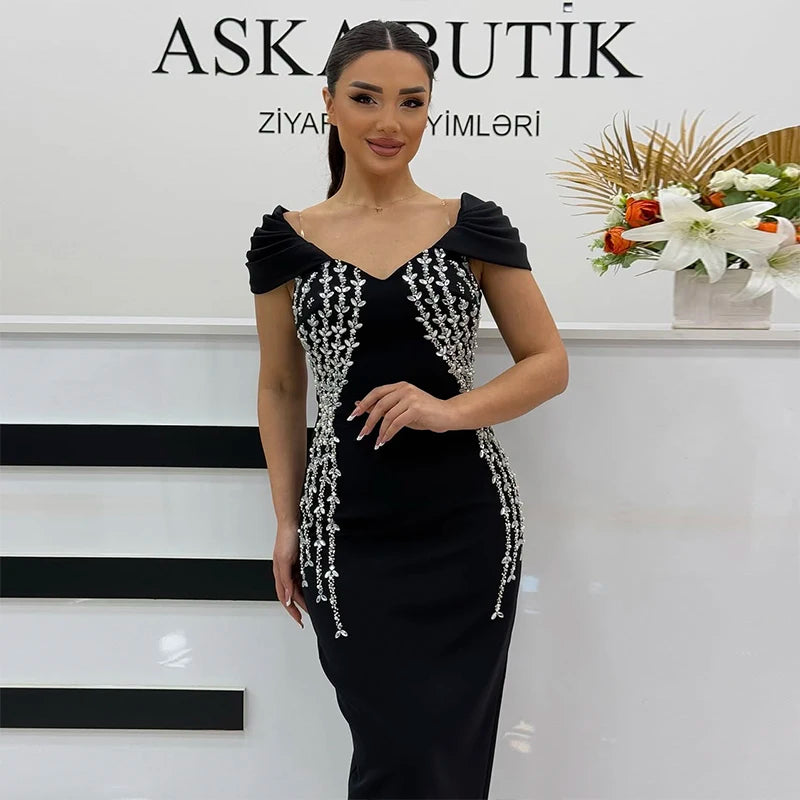 Top Quality Shinning Crystal Women Sexy Short Sleeve V-Neck Bodycon Bandage Long Dress Elegant Evening Party Celebrate Outfit black