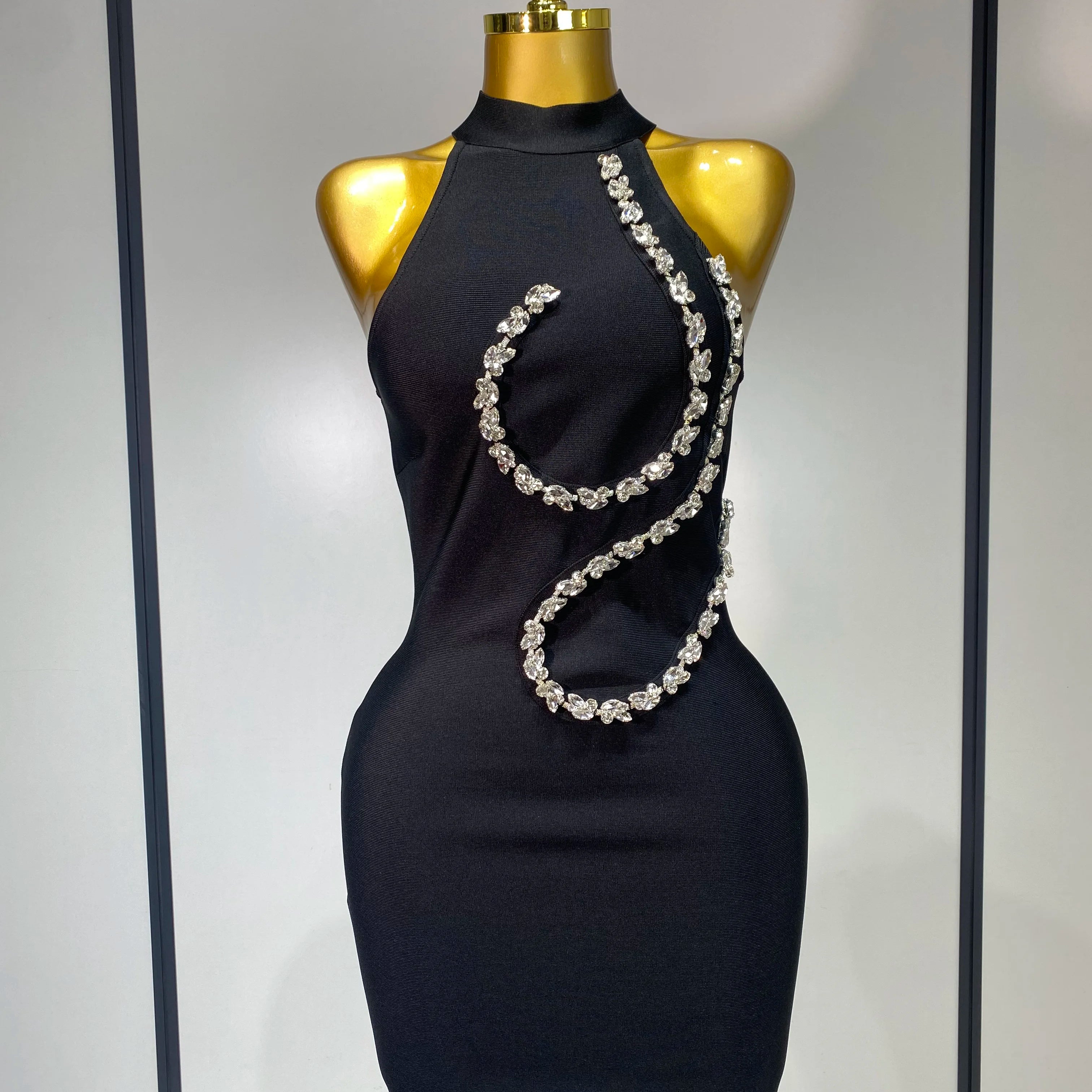 Women Sexy High Neck Shinning Crystal Bodycon Mini Bandage Dress Nightclub Party Luxury Birthday Elegant Celebrity Evening Dress black