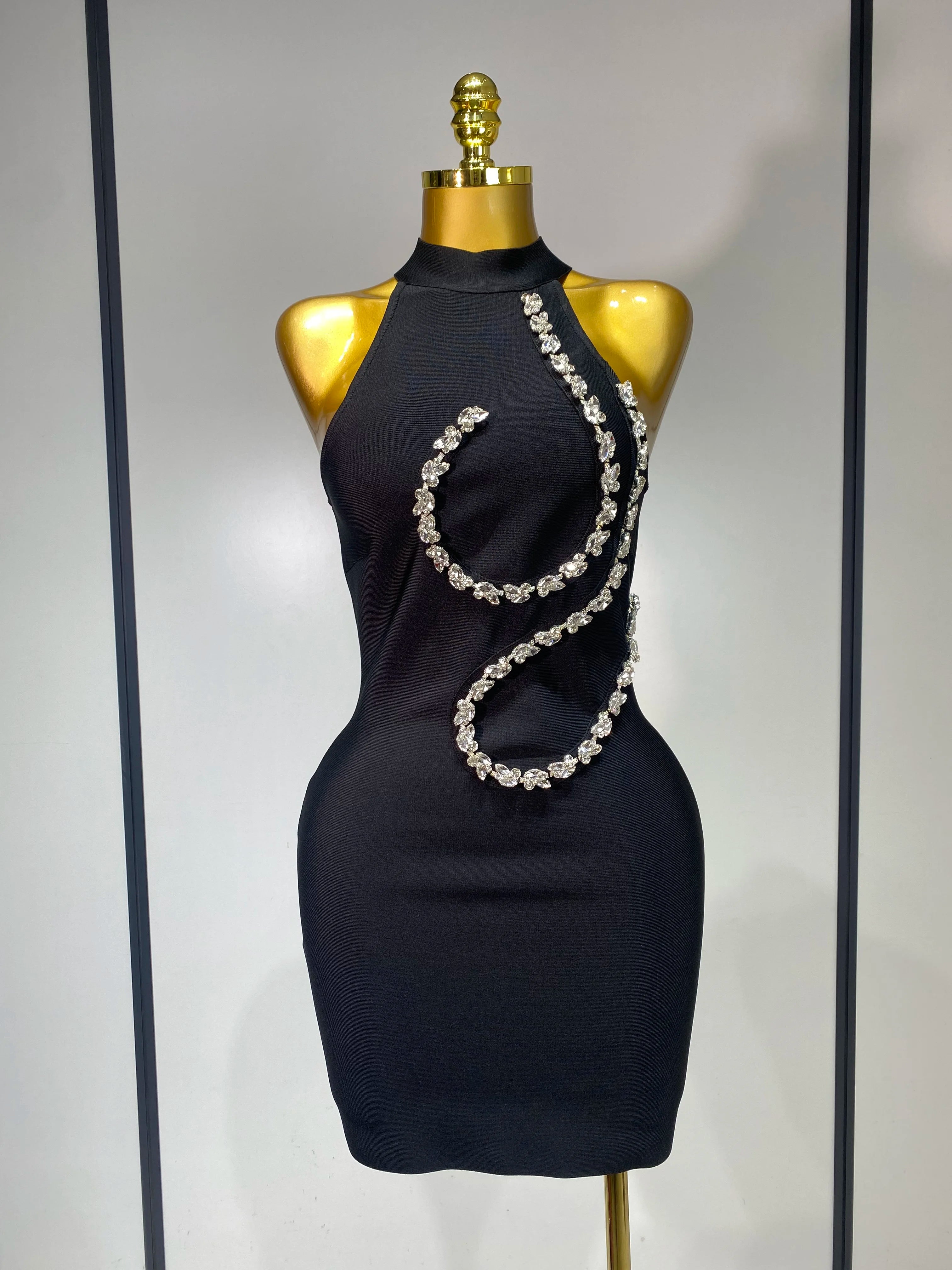 Women Sexy High Neck Shinning Crystal Bodycon Mini Bandage Dress Nightclub Party Luxury Birthday Elegant Celebrity Evening Dress black