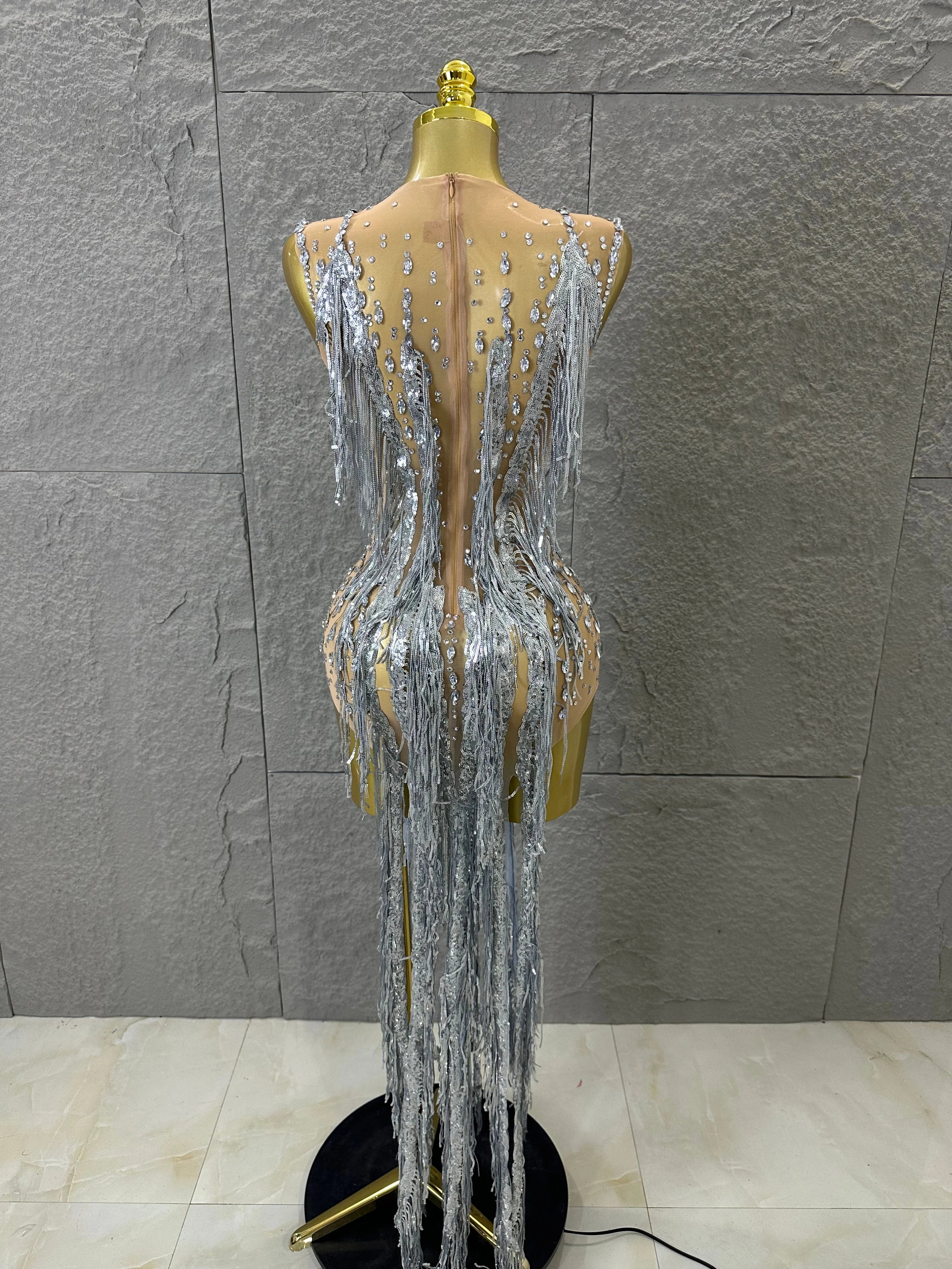 Luxury See Through Mesh Silver Rhinestone Long Tassel Dress Sleeveless Fitted Bodycon Formal Evening Wedding Guest Cocktail Gown