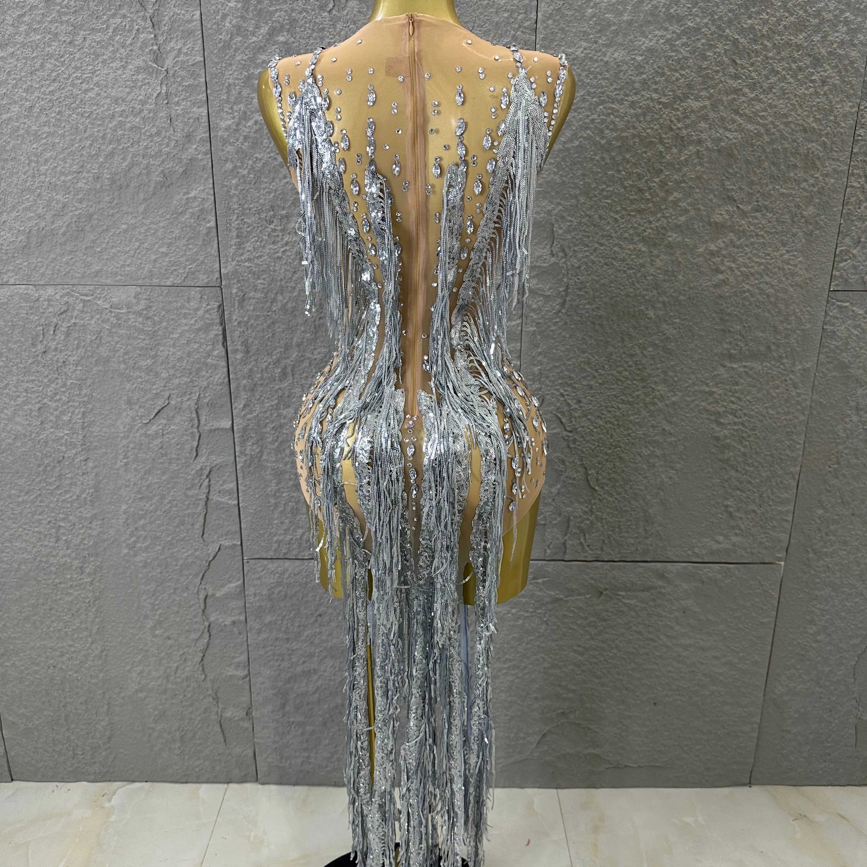 Luxury See Through Mesh Silver Rhinestone Long Tassel Dress Sleeveless Fitted Bodycon Formal Evening Wedding Guest Cocktail Gown