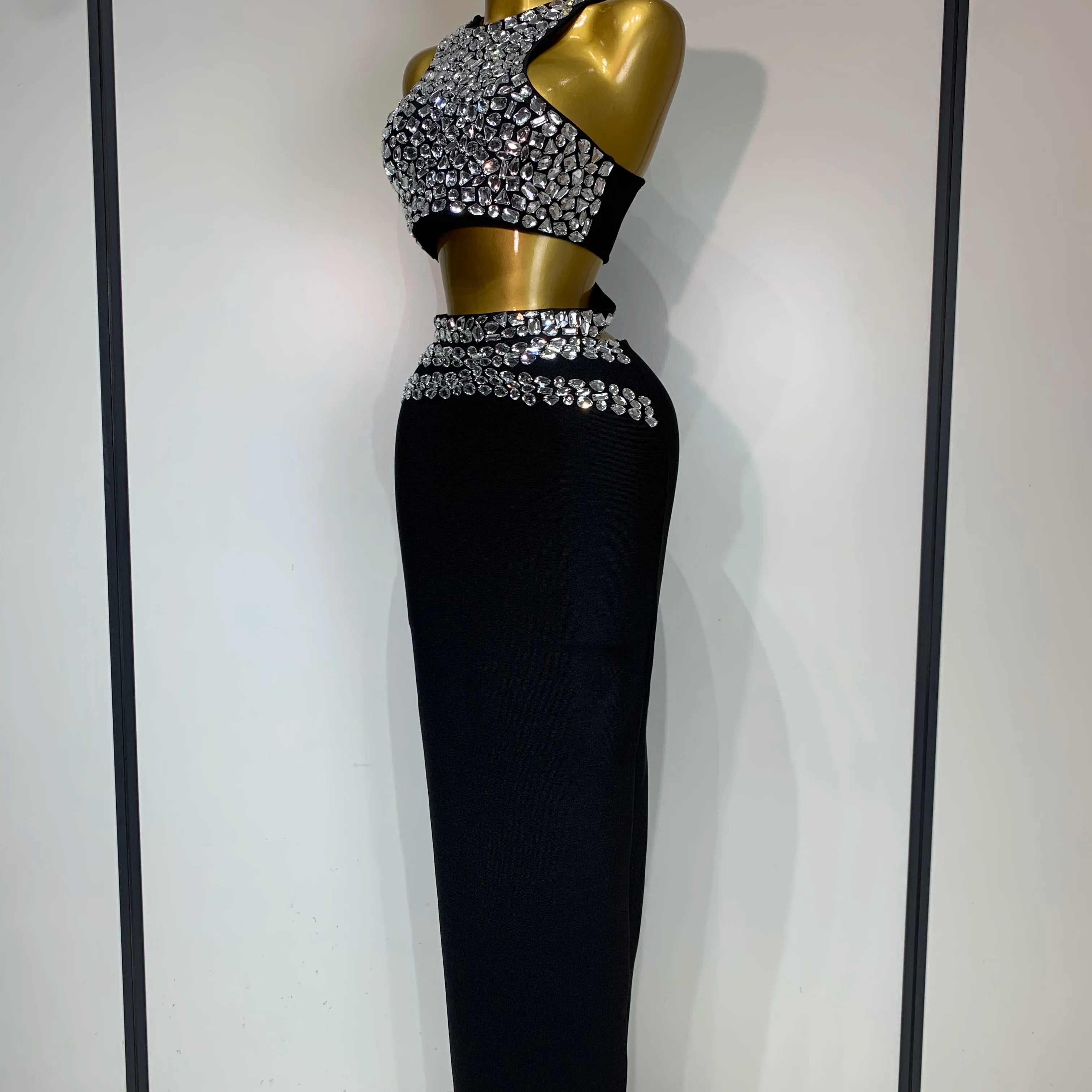 Sparkly Crystal Bodycon Long Bandage Dress 2025 Women Sexy Top Two Pieces Set Nightclub Elegant Party Birthday Stage Costume