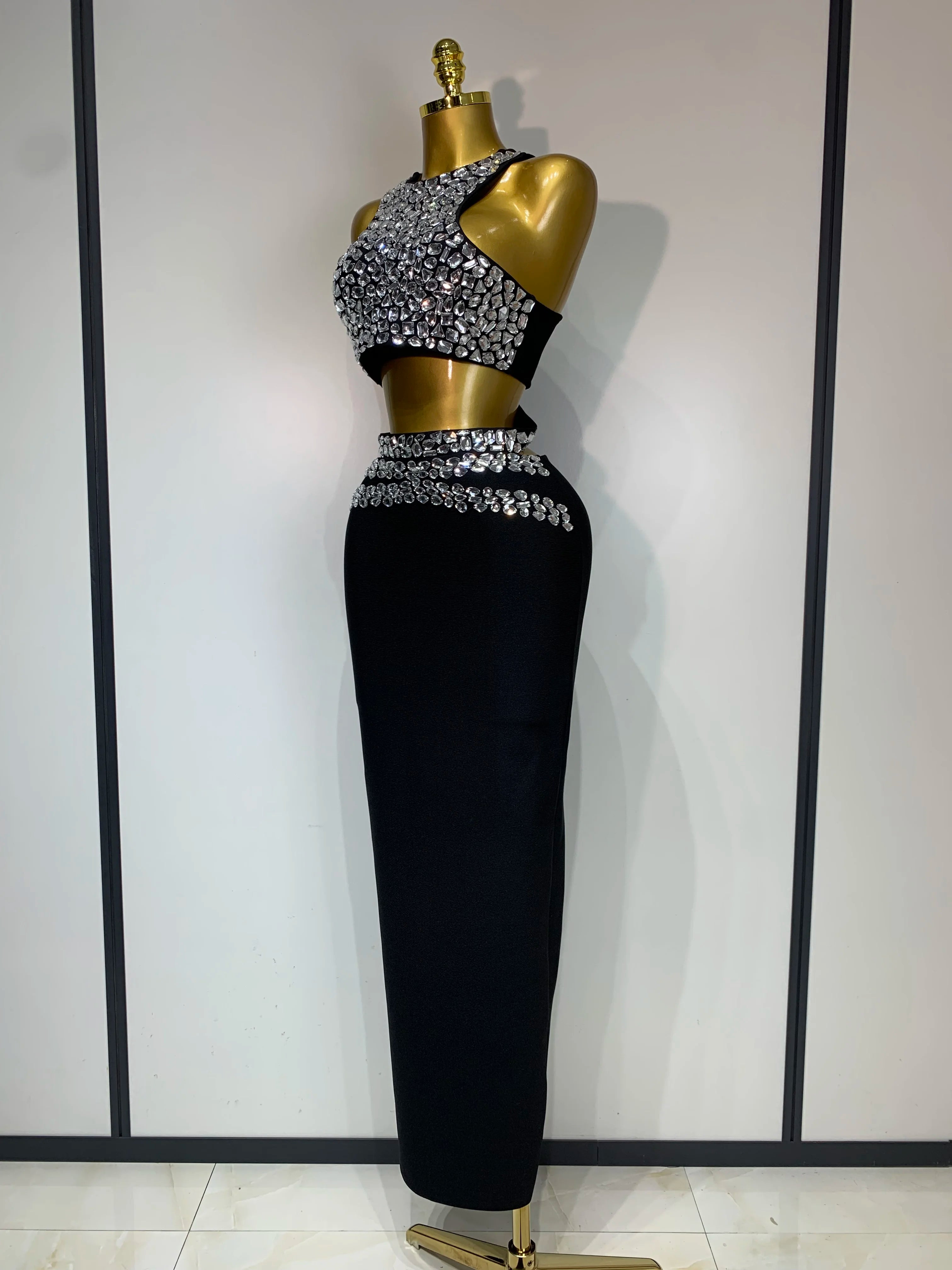 Sparkly Crystal Bodycon Long Bandage Dress 2025 Women Sexy Top Two Pieces Set Nightclub Elegant Party Birthday Stage Costume